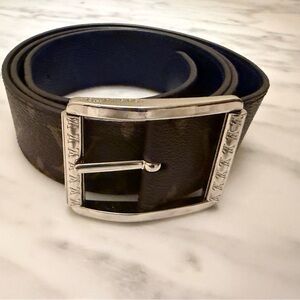Louis Vuitton Reversible Brown and Blue Leather Belt with Silver Buckle